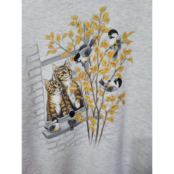 Vtg 90s Kitty Cat Double Crewneck Sweatshirt Medium Grandma Core Cats Birds USA - Picture 1 of 15